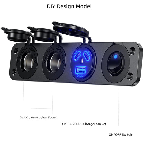 4 In 1 Marine Switch Panel For Boat And Truck, Plug And Play 12V DC Waterproof Rocker With Dual Cigarette Lighter Sockets, USB-C PD