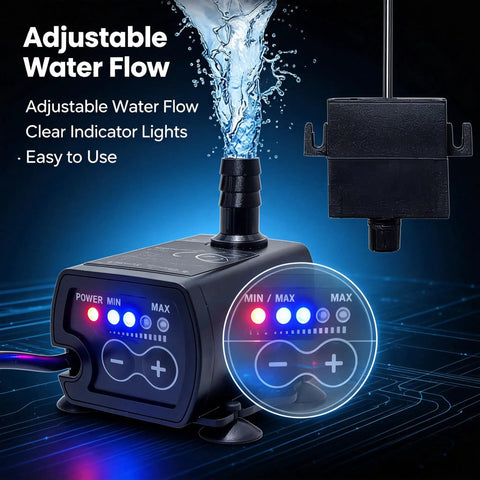 No Sweat Auto Compact Sump Pump With Smart Water Level Sensor and Adjustable Flow Settings showing adjustable water flow with indicator lights.