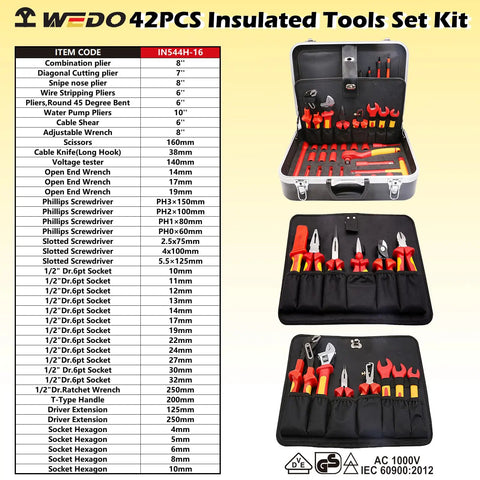 Image of VDE 1000V Insulated Tools Set 42Pcs displayed in a case with pliers, screwdrivers, wrenches, sockets, and hex keys.