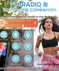Woman jogging with earphones using 80GB Bluetooth MP3 Player With HiFi Sound Portable Music Player for on the go; features displayed.