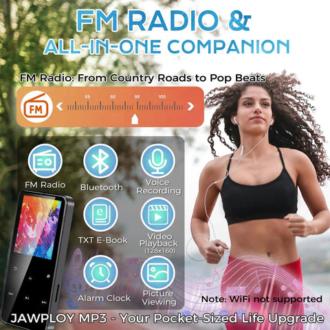 Woman jogging with earphones using 80GB Bluetooth MP3 Player With HiFi Sound Portable Music Player for on the go; features displayed.