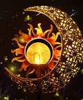 Sun And Moon Crackle Glass Solar Globe Stake Lights For Garden with dope amber glow against night sky backdrop.