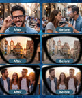 Image showing the effect of Adjustable LED Light Blocking Covers For Meta Glasses That Block Light And Cut False Alerts, Fits Wayfarer Skyler Headliner Gen 2 And Oakley Meta, Day And Night Use, Privacy Protection, 4 Pack over urban and city sceneries and group social scenarios, illustrating both before and after scenarios.