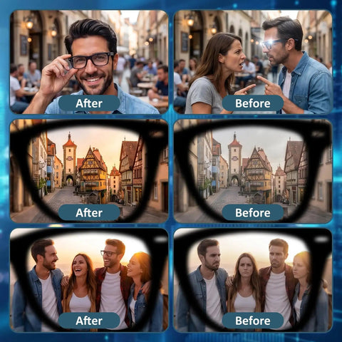 Image showing the effect of Adjustable LED Light Blocking Covers For Meta Glasses That Block Light And Cut False Alerts, Fits Wayfarer Skyler Headliner Gen 2 And Oakley Meta, Day And Night Use, Privacy Protection, 4 Pack over urban and city sceneries and group social scenarios, illustrating both before and after scenarios.