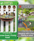 Two Piece Tree Mounted Bird Feeder Tray Set For Outdoors Food And Water Heavy Duty Iron Ring Installs On Wooden Deck Fence 8.3 Inch Diameter Brown Dual Purpose Bird Bath And Feeder For Backyard displayed in stable installation vs unstable hanging design.