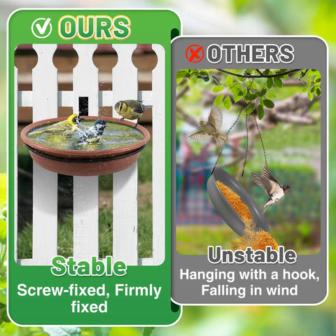 Two Piece Tree Mounted Bird Feeder Tray Set For Outdoors Food And Water Heavy Duty Iron Ring Installs On Wooden Deck Fence 8.3 Inch Diameter Brown Dual Purpose Bird Bath And Feeder For Backyard displayed in stable installation vs unstable hanging design.