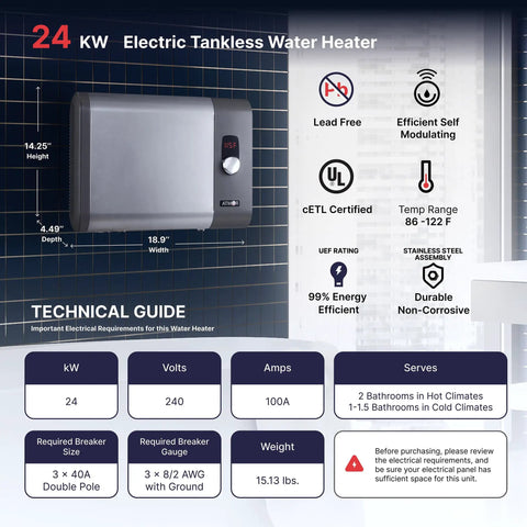 24 kW electric tankless water heater with specs and icons, features stainless steel design and 99% energy efficiency