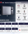 24kW Electric Tankless Water Heater with technical specs displayed
