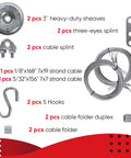 All In One DIY Friendly Garage Door Cable Replacement Kit with pulleys, cables, hooks, and hardware on display