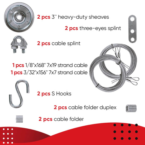 All In One DIY Friendly Garage Door Cable Replacement Kit with pulleys, cables, hooks, and hardware on display
