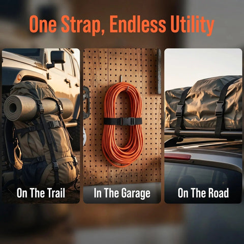 Adjustable Nylon Webbing Straps 59 By 1 Inch 6 Pack With Side Release Buckles securing camping gear, garage tools, and roof luggage.