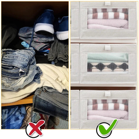 12 Pack Beige Linen Closet Organizers With Clear Window Views And Quick Fold Frame Breathable Storage Baskets For Shelves Clothes Jeans Toy Home Space Maximizer And Clutter Buster comparison showing organized vs cluttered storage.