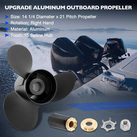 Fourteen And A Quarter By Twenty One Pitch Propeller For Aluminum Outboard Boat Replacement, RH Rotation, Flo Torq II Hub