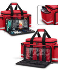 Red Emergency Responder Trauma Bag Empty For EMTs And Paramedics Professional First Aid Kit Storage With Inner Dividers Heavy Duty Nylon No Scratch Bottom Reflective Strips Bag Only visible open and showing compartments.