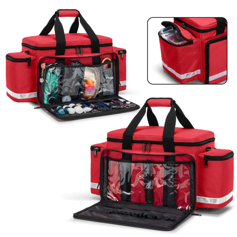 Red Emergency Responder Trauma Bag Empty For EMTs And Paramedics Professional First Aid Kit Storage With Inner Dividers Heavy Duty Nylon No Scratch Bottom Reflective Strips Bag Only visible open and showing compartments.