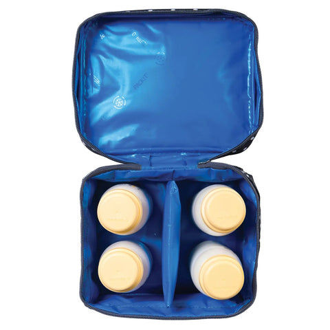 Portable Freezable Breastmilk Cooler And Formula Storage Bag With Built In Ice Packs holding four bottles in a polka dot print.