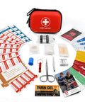 Mini First Aid Kit in red water-resistant hard-shell case; 100 pieces for travel and outdoor use