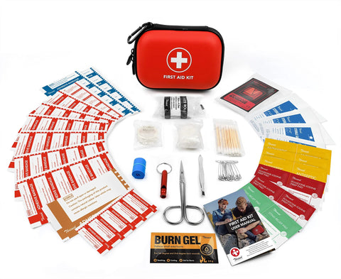 Mini First Aid Kit in red water-resistant hard-shell case; 100 pieces for travel and outdoor use