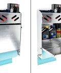 Aluminum Small Work Station For Enclosed Trailer Or Garage With 12X12 Fold Down Table Durable Build DIY Friendly Install Double Shelves For Oil Bottles And Aerosols Plus Spring Loaded Paper Towel Rack And Light Duty Work Surface