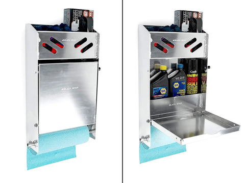 Aluminum Small Work Station For Enclosed Trailer Or Garage With 12X12 Fold Down Table Durable Build DIY Friendly Install Double Shelves For Oil Bottles And Aerosols Plus Spring Loaded Paper Towel Rack And Light Duty Work Surface