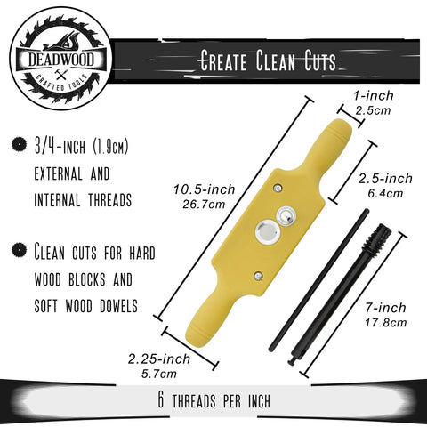 Plastic Dowel Thread Tap Kit For Woodworking Three Quarters Inch Dowel Jig Set With Tap Die 6 TPI, yellow handle detailed view