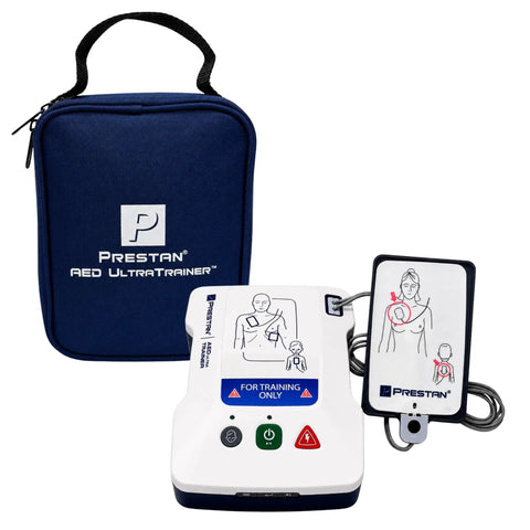 Premium AED Simulator Kit Four Pack Heavy Duty Defibrillator Practice Devices with a training AED unit and carrying case.