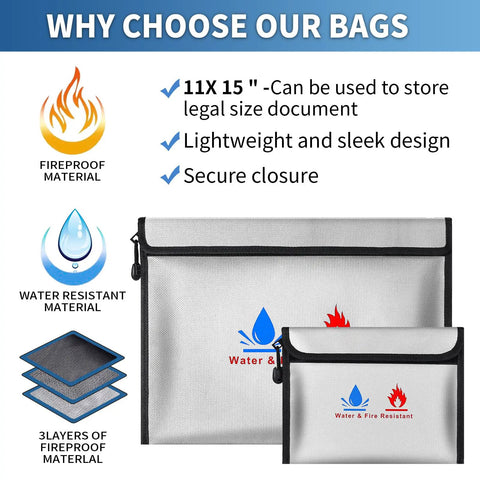 Heavy Duty Fireproof Document Pouches Set With Silicone Coated Exterior And Aluminum Foil Lining, two sizes displayed