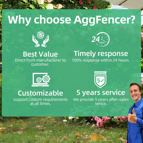 Person standing next to garden with overlay text 'Why choose AggFencer?' highlighting best value, timely response, customizable options, 5 years service.
