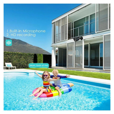 Built Different 4K 8MP IP Security Camera With Smart Human Detection And Color Night Vision H265 Codec outdoor view with children in pool.