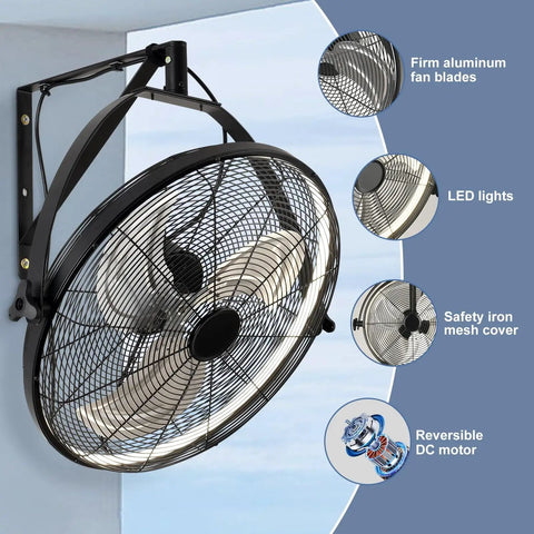 20 Inch Wall Mount Fan With Lights And Dimmable Illumination, 6 Speed High Velocity, 360 Degree Tilt, Outdoor Gazebo Patio Garage Workshop Use, Industrial Metal Construction, Black.