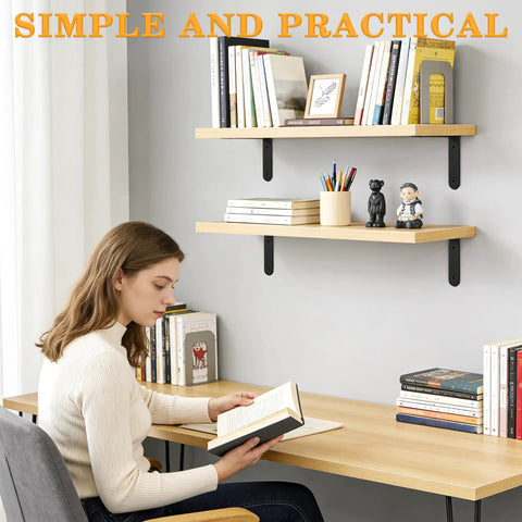Heavy Duty L Shelf Brackets 5 By 3 Inch Badass Matte Black Floating Wall Mount Kit used for a bookshelf in a cozy home office.