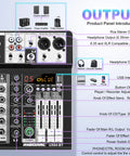 Image showing output panel of 4 Channel Karaoke DJ Mixer With Bluetooth USB Audio Interface 16 Bit DSP Effects Plus 48V Phantom Power