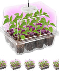 Five Pack Seed Starter Tray With Grow Light Kit Elevated Seedling Trays Adjustable Humidity Domes Clear Cell Trays Twelve Full Spectrum LED Beads For Indoor Plants No Fuss Indoor Garden Setup For Faster Germination showing clear trays with seedlings under LED light