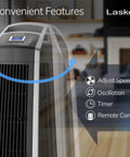 High Velocity Oscillating Tower Fan With Remote Timer And 3 Speed Settings, silver and black, in modern living room