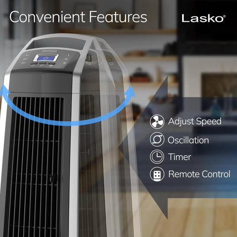 High Velocity Oscillating Tower Fan With Remote Timer And 3 Speed Settings, silver and black, in modern living room