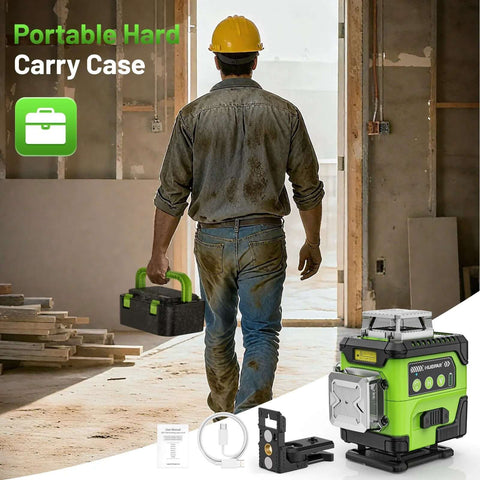 Huepar 360 self-leveling laser level with LCD screen; front-right view, green/black body with magnetic bracket
