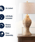 Natural Woven Water Hyacinth Table Lamp 31 Inch for Living Room Coastal Farmhouse Urn Base with Gray Linen Drum Shade LED Bulb