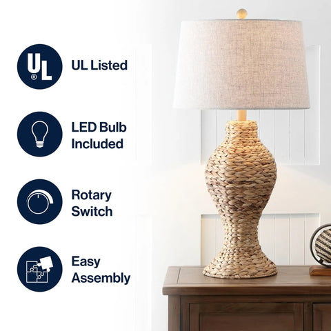 Natural Woven Water Hyacinth Table Lamp 31 Inch for Living Room Coastal Farmhouse Urn Base with Gray Linen Drum Shade LED Bulb