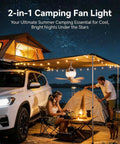 Portable Camping Fan With Light And Remote For Tents And Outdoors under canopy with RV, illuminating night setup