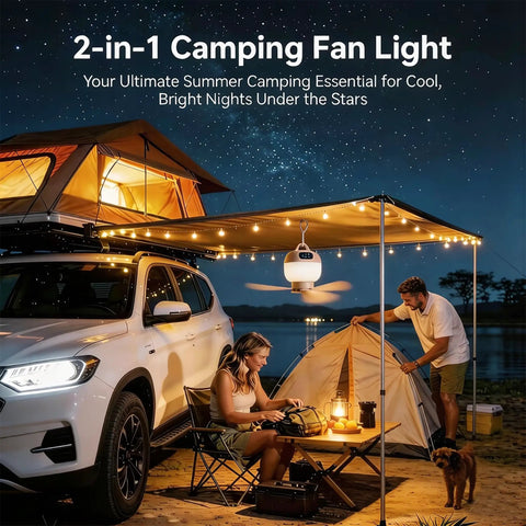 Portable Camping Fan With Light And Remote For Tents And Outdoors under canopy with RV, illuminating night setup