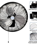 Beefy 20 Inch Wall Mounted Outdoor Fan with 4750 CFM, weatherproof, ball bearing motor, aluminum blades, pull chain control.