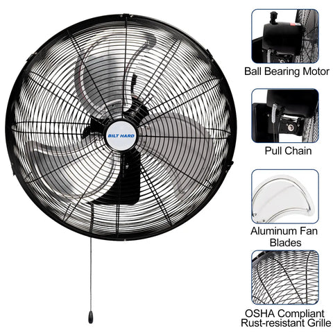 Beefy 20 Inch Wall Mounted Outdoor Fan with 4750 CFM, weatherproof, ball bearing motor, aluminum blades, pull chain control.