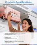 Woman placing 20 Inch Ride On Luggage for Kids and Adults with Safe Seat, Hardside Carry On Case, in overhead bin of airplane.
