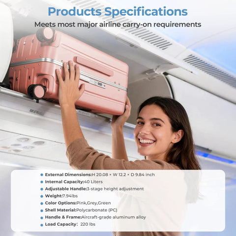 Woman placing 20 Inch Ride On Luggage for Kids and Adults with Safe Seat, Hardside Carry On Case, in overhead bin of airplane.