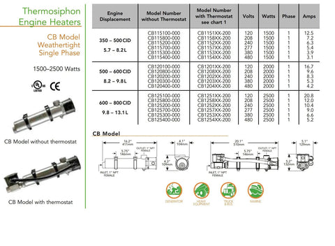 Specifications and diagrams for Thermosiphon Engine Block Heater CB115410200 for diesel and gas engines with thermostat.