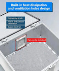 Outdoor Weatherproof Electrical Junction Box With ABS Plastic Shell Hinged Cover And Stainless Steel Latch Mounting Plate And Wall Bracket IP66 IP67 Rated For Tough Weather Cooling Fan For Heat Dissipation Gray 30x30x17cm And Clear 60x50x22cm, ventilation holes and fan mount