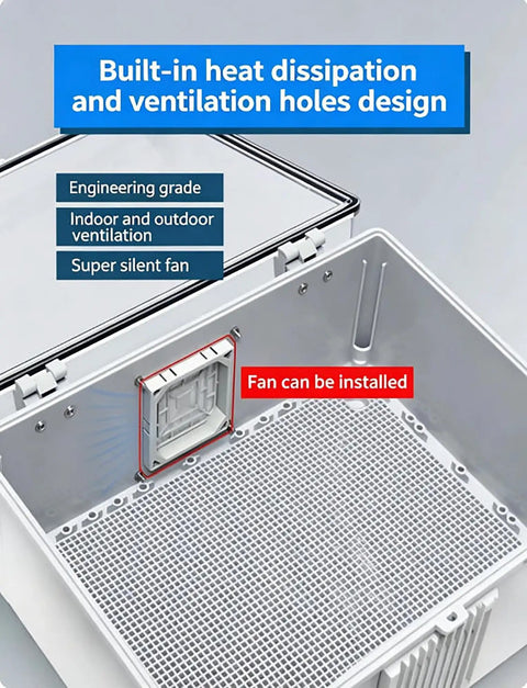 Outdoor Weatherproof Electrical Junction Box With ABS Plastic Shell Hinged Cover And Stainless Steel Latch Mounting Plate And Wall Bracket IP66 IP67 Rated For Tough Weather Cooling Fan For Heat Dissipation Gray 30x30x17cm And Clear 60x50x22cm, ventilation holes and fan mount