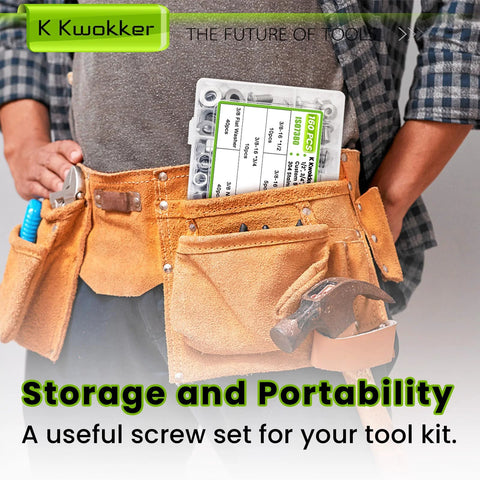 Tool belt with 304 stainless steel bolt nut set for DIY projects and repairs, featuring organized storage of fasteners.