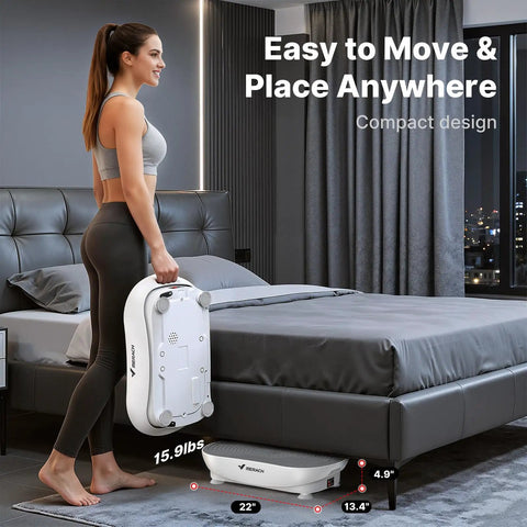 Person carrying Vibration Plate Exercise Machine with LED touchscreen, Bluetooth, and pull cord in a bedroom setting for home gym use