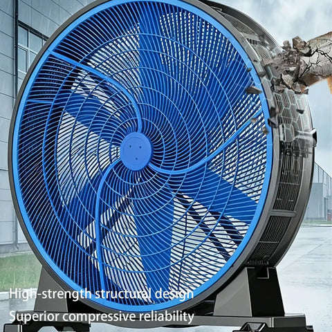 Badass Industrial Floor Fan Built Tough With Premium Permanent Magnet Motor Generates Smooth Six Blade Turbine Airflow Up To 73000 Cubic Meters Per Hour Nonstop For Big Job Sites Daily, showcasing a blue high-strength construction.